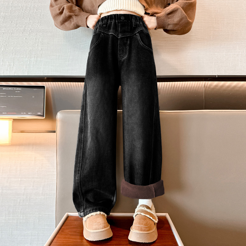 女大童加绒牛仔裤2025新款中大童秋冬款阔腿裤青少年直筒裤潮黑色