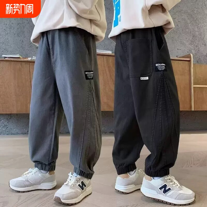 儿童男童裤子2026年春秋运动裤中大童加绒长裤工装休闲裤黑色灰色