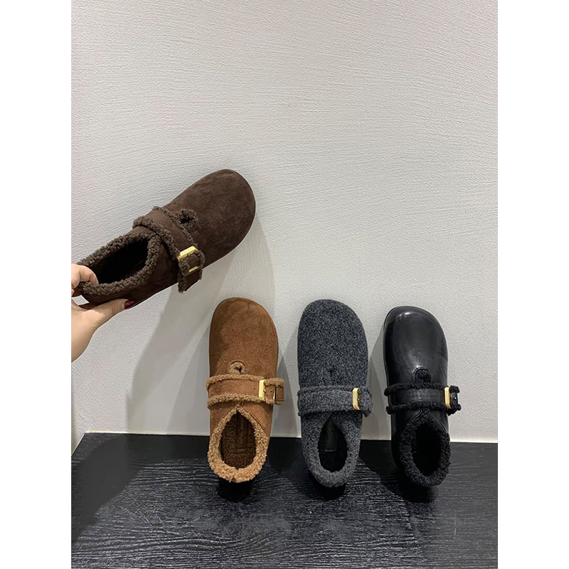 复古平底毛呢全包加绒勃肯鞋女2025秋冬新款保暖乐福鞋一脚蹬棉鞋