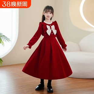 女童连衣裙冬季新款洋气时尚中大童纯色长袖公主裙秋冬款新年裙子