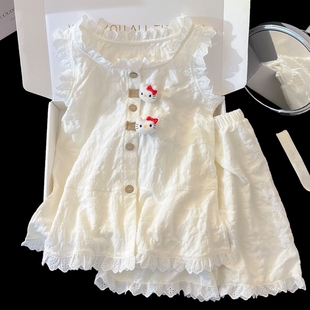 睡衣女童2026春夏季KT猫公仔新款云朵棉薄款中大童家居服套装短裤