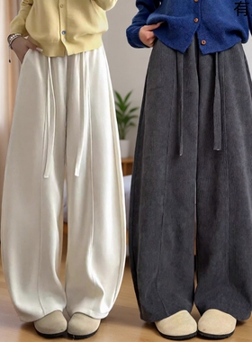 白色灯芯绒弯刀裤女2025新款秋冬加绒休闲宽松阔腿裤大码小个子