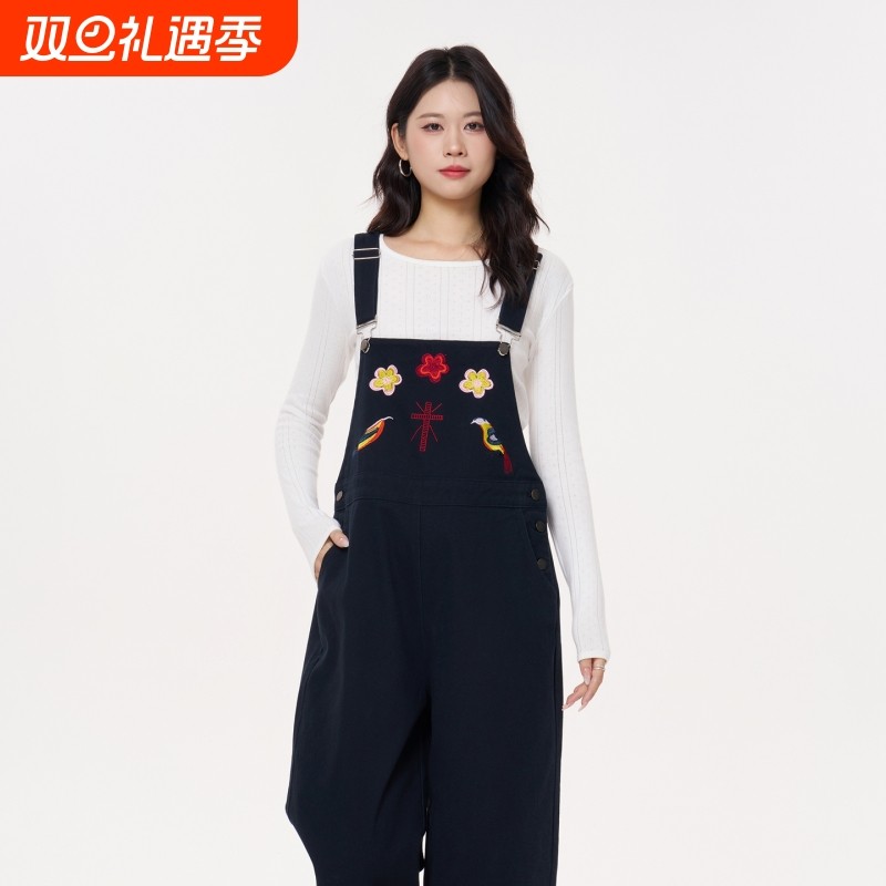 孕妇背带裤秋冬2025新款外穿小个子牛仔裤不勒肚子加厚阔腿裤冬装