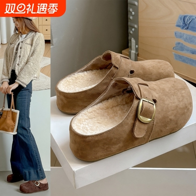 厚底内增高勃肯鞋女外穿2025新款秋冬加绒保暖棉鞋懒人包头半拖鞋