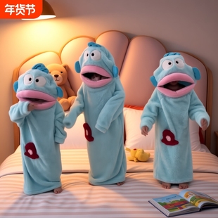 丑鱼儿童可爱搞怪连体睡衣女法兰绒秋冬加厚珊瑚绒亲子卡通家居服