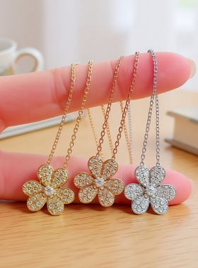S925纯银满钻三叶草项链幸运草花瓣国产莫桑石锁骨链时尚简约吊坠