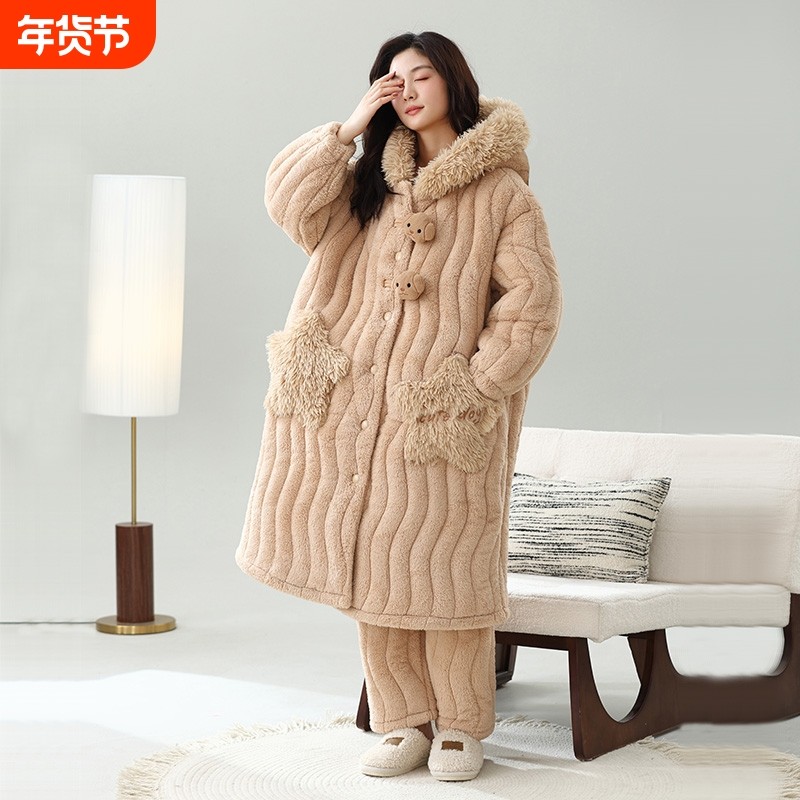 睡袍女冬季珊瑚绒睡衣保暖三层夹棉加绒加厚长款可外穿家居服套装,女士内衣/男士内衣/家居服,睡衣/家居服套装,淘宝优惠券,粉丝福利购,淘宝优惠卷