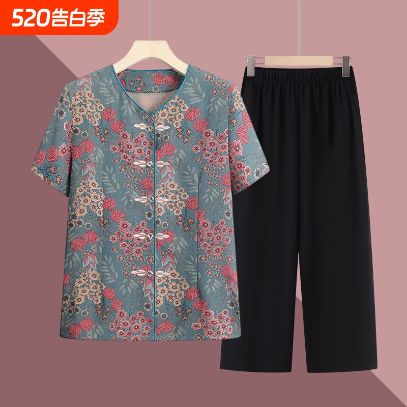 夏季衬衣洋气薄款中老年人夏装短袖衬衫奶奶套装老太太T恤衣服