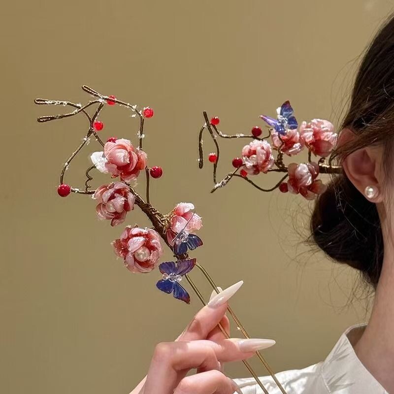 蝶悦雪梅~落雪琉璃梅花发钗古风腊梅配饰雪中梅花缠枝汉服发饰