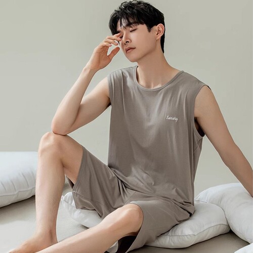 【凉感】莫代尔男士睡衣夏季背心无袖薄款夏天冰丝男式家居服套装