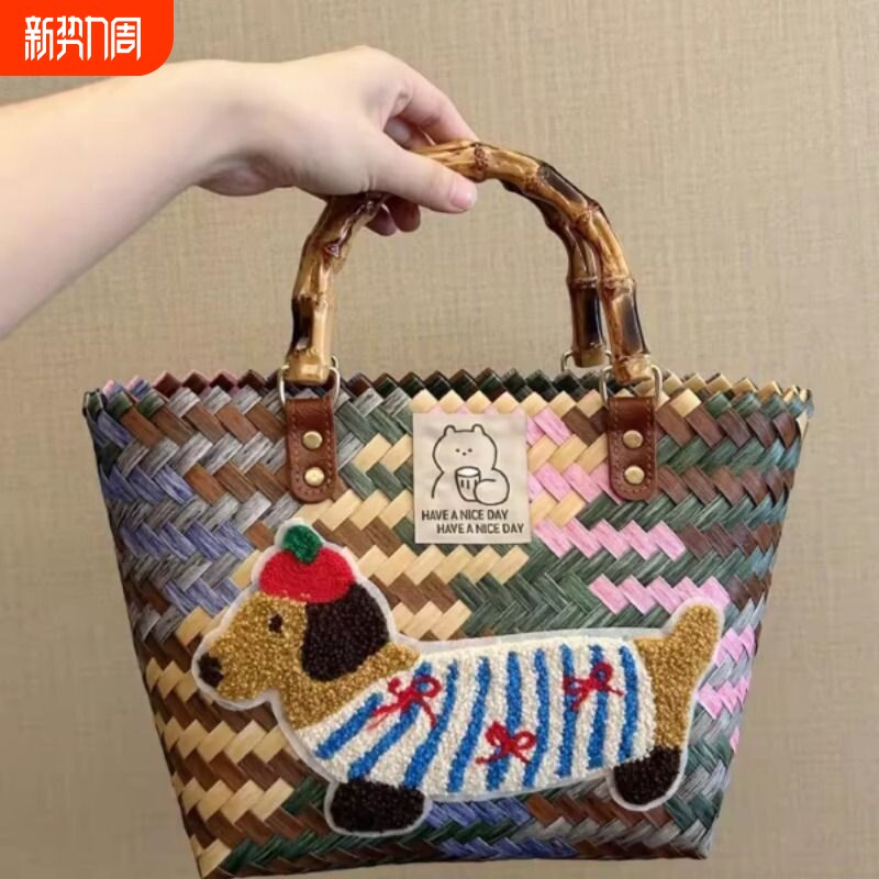 腊肠狗编织包菜篮子复古藤编手提包竹节草编包纯手工竹编包沙滩包