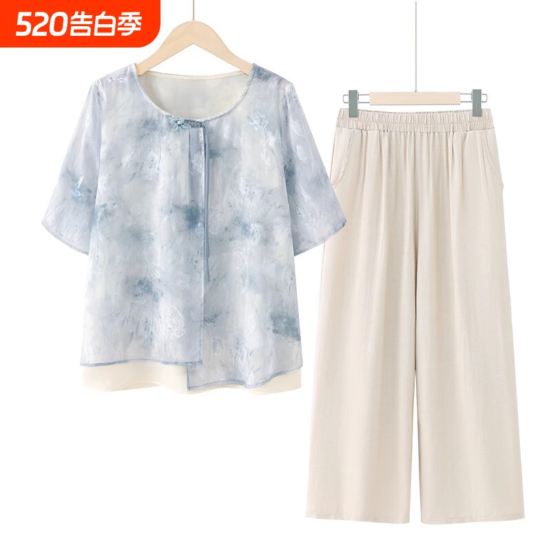 妈妈夏装夏季套装洋气中老年短袖新中式圆领T恤小衫宽松衣服薄款