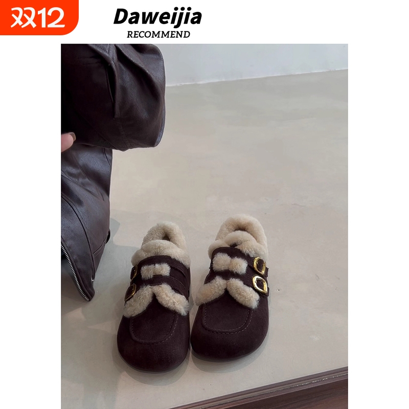 一脚蹬豆豆鞋子乐福鞋勃肯鞋冬季雪地靴内增高毛鞋女保暖加绒棉鞋