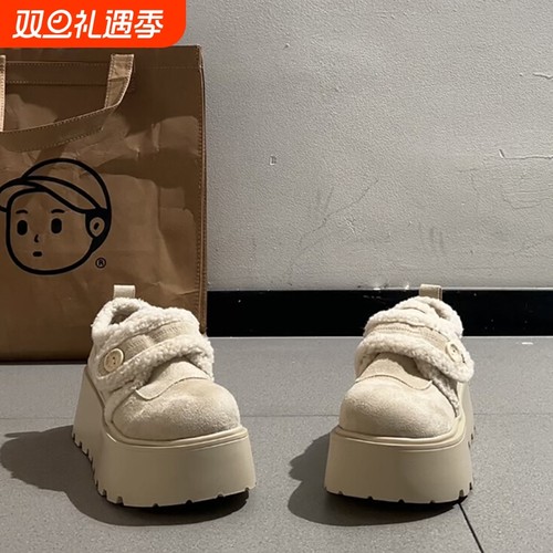 白色复古增高厚底加绒雪地棉鞋女冬2025新款加厚保暖毛毛勃肯鞋子