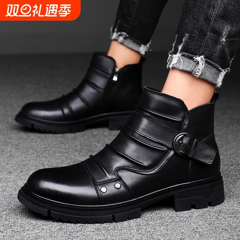 哈雷复古机车马丁靴巡航摩托棉鞋兵靴西部牛仔鞋男冬季加绒棕色