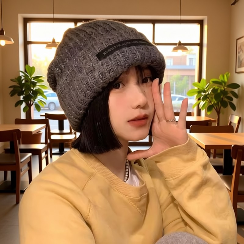 女秋冬时尚百搭贴布大头围粗毛线帽显脸小保暖针织帽冷帽灰色黑色