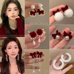 酒红色植绒蝴蝶结珍珠流苏耳夹适合秋冬复古气质港风珍珠耳坠耳饰