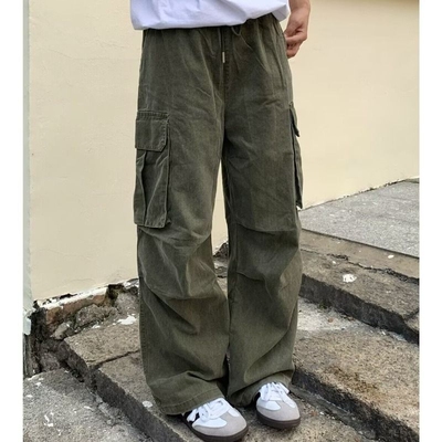 做旧纯棉工装裤设计感宽松挺阔口袋休闲纯色百搭男女装裤子伞兵裤