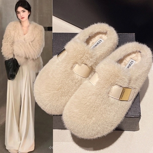 平底包头毛毛拖鞋女外穿2026新款秋冬高级感一脚蹬水貂毛绒棉拖鞋