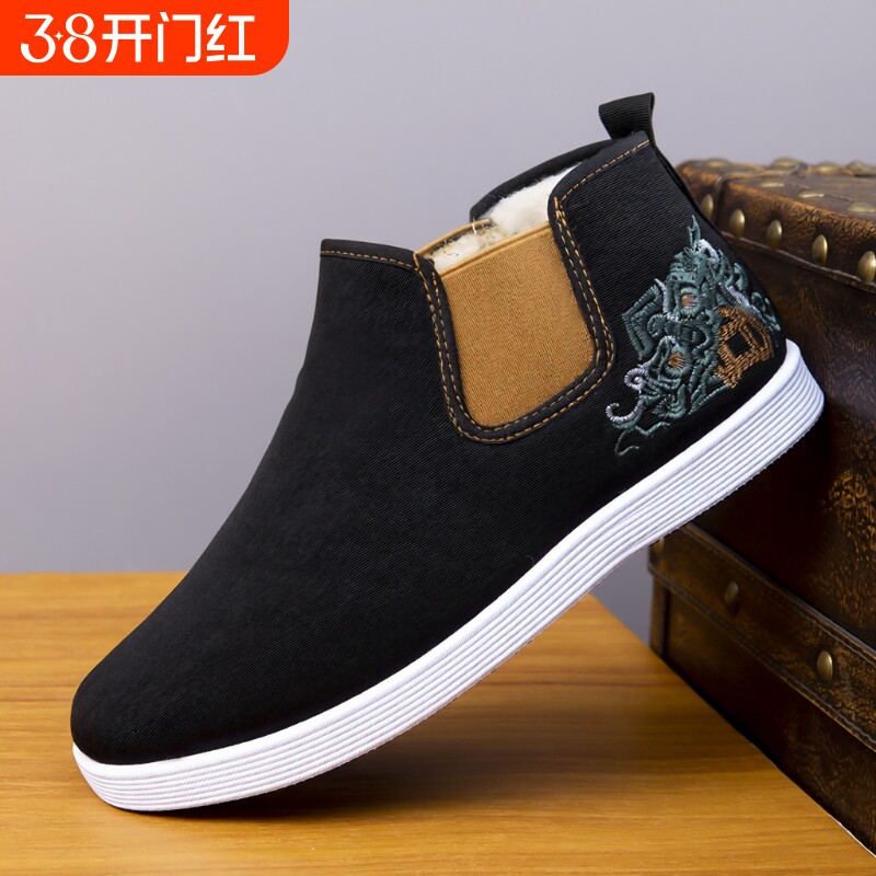 男鞋冬季高帮棉鞋布鞋中老年一脚蹬加绒防滑保暖北京爸爸百搭棉鞋