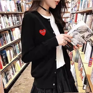 通勤春秋爱心开衫女刺绣针织羊毛衫情侣亲子大码毛衣外套黑色