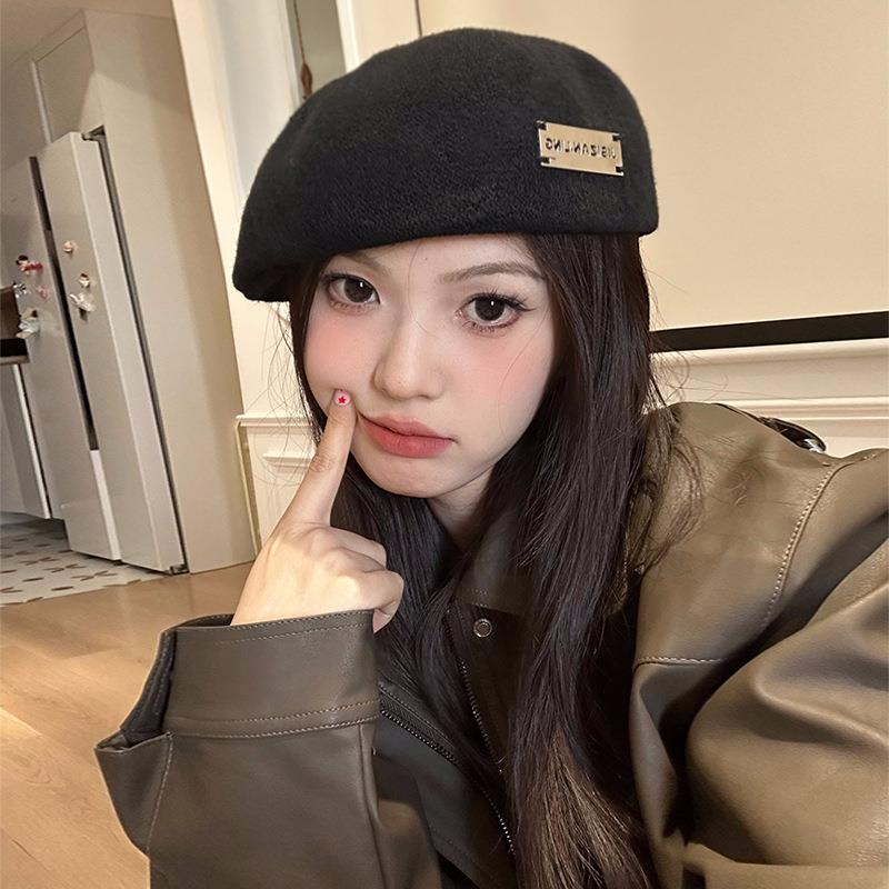 毛呢前进帽女秋冬英伦风贝雷帽保暖显脸潮帽子白色圆脸显脸小灰色