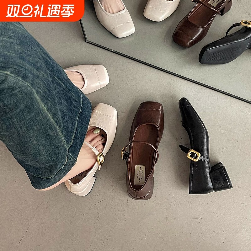 法式复古玛丽珍鞋女2025年春季新款浅口方头粗中跟配裙子浅口单鞋