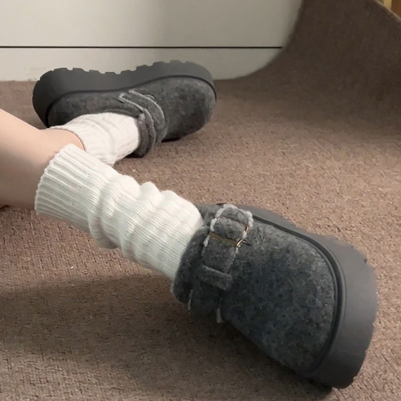 冬季加绒加厚丑萌面包鞋女博肯鞋厚底松糕复古单鞋船鞋一脚蹬女鞋