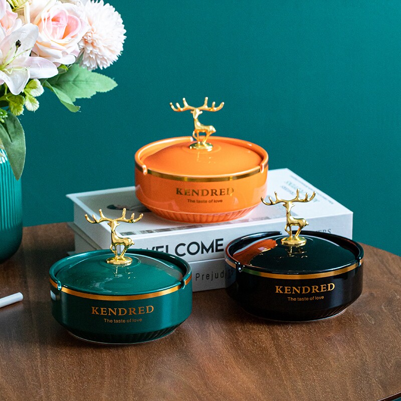 烟灰缸家用客厅办公室高级感陶瓷带盖防飞灰茶道零配茶室茶台摆件