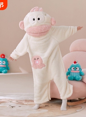 白色丑鱼连体睡衣大嘴鱼珊瑚绒秋冬季加厚保暖搞怪亲子睡袍可外穿