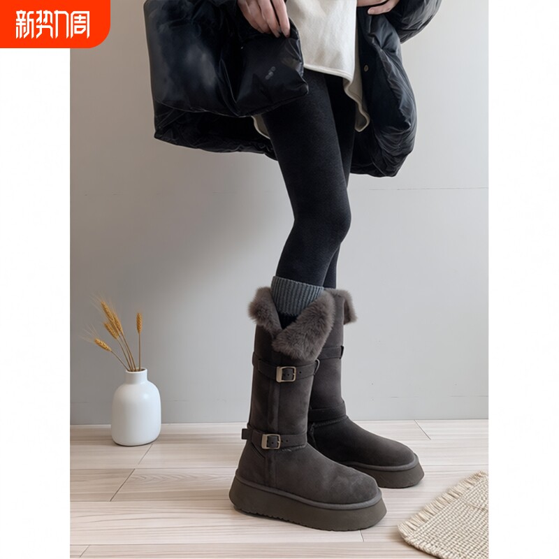 灰色雪地靴葡萄妈studiolee厚底毛毛加绒加厚保暖中长筒女冬