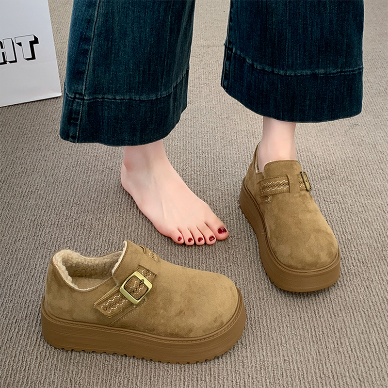 厚底加绒勃肯鞋女2025新款冬季一脚蹬乐福鞋低帮雪地靴保暖棉鞋子