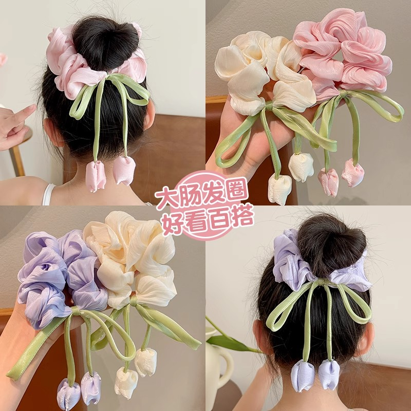 韩系儿童郁金香花朵大肠发圈女童高级感气质飘带头绳甜美女孩发饰