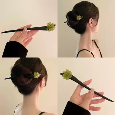 绿色山茶花发簪女古风新中式木簪盘发钗高级感发詹子汉服旗袍头饰