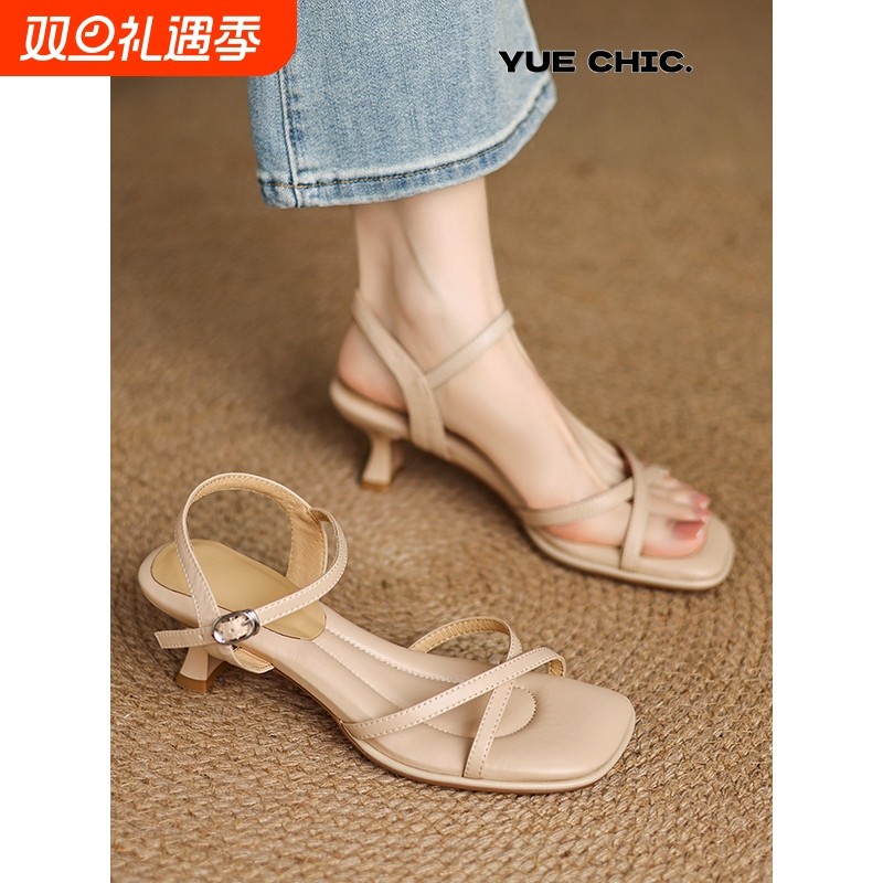 法式绝美凉鞋女夏外穿真皮粗跟软底不累脚气质高跟鞋配裙子中跟