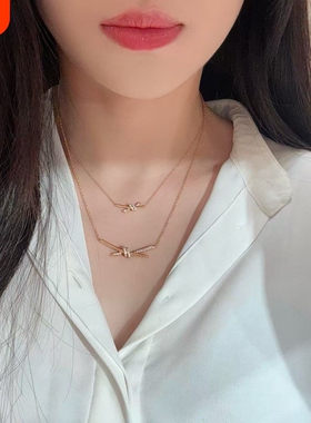 高定无压力顶级品质镶钻绳结项链女交叉蝴蝶结锁骨链女925银玫