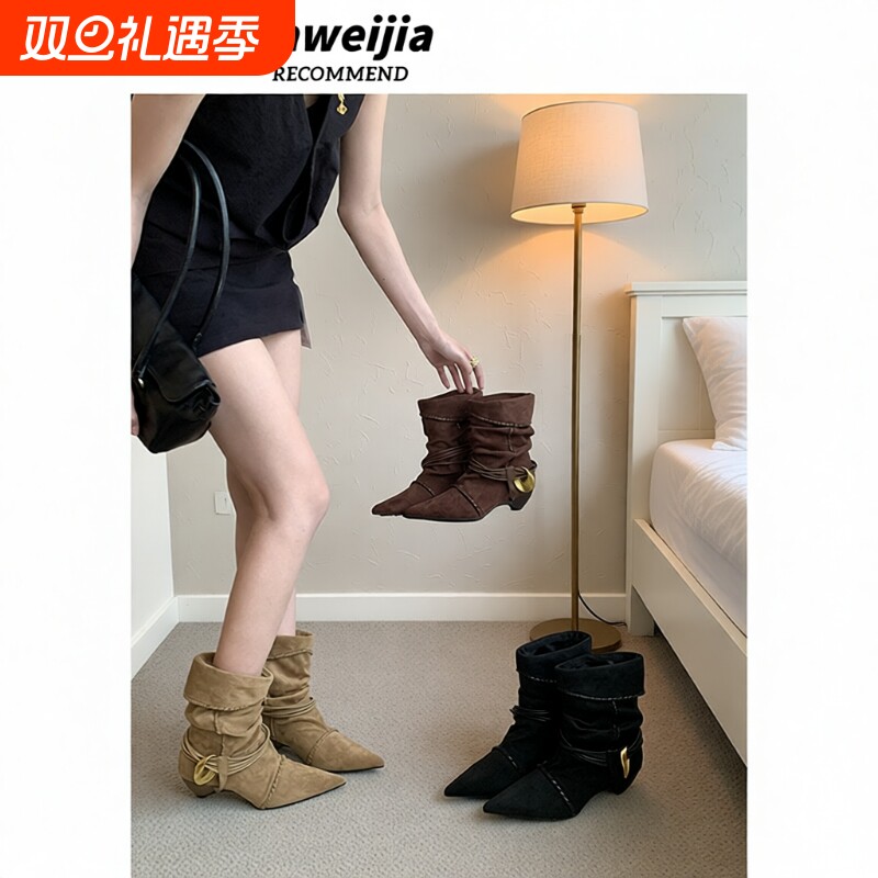 小猫跟尖头绑带堆堆靴2025新款复古绒面翻边时装短靴鞋子杏色中跟