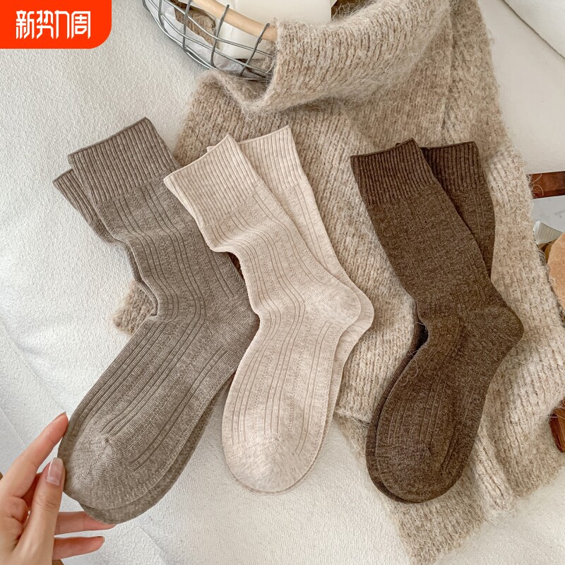 燕麦色袜子女无骨全棉中筒袜miu系配勃肯鞋春秋琥珀流光风堆堆袜