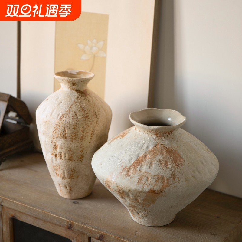 景德镇侘寂风陶瓷花瓶斑驳复古怀旧陶罐新中式客厅书房装饰品摆件