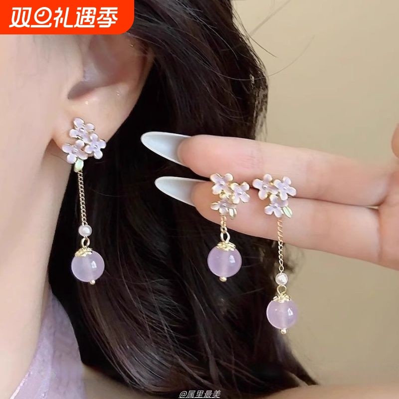 新中式国风紫色琉璃花朵耳环女2025年气质百搭旗袍耳饰无耳洞耳夹