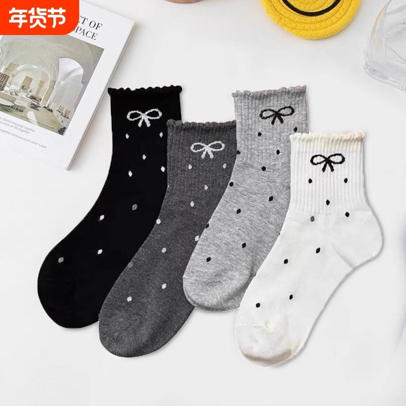 新款波点花边蝴蝶结堆堆袜学生ins潮长筒袜日系网红中筒女袜,女士内衣/男士内衣/家居服,中筒袜,淘宝优惠券,粉丝福利购,淘宝优惠卷