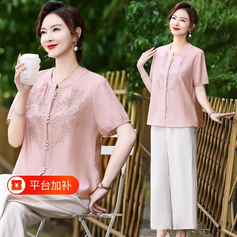 妈妈夏季洋气国风短袖女夏装时尚中老年新中式上衣服大码开衫薄款