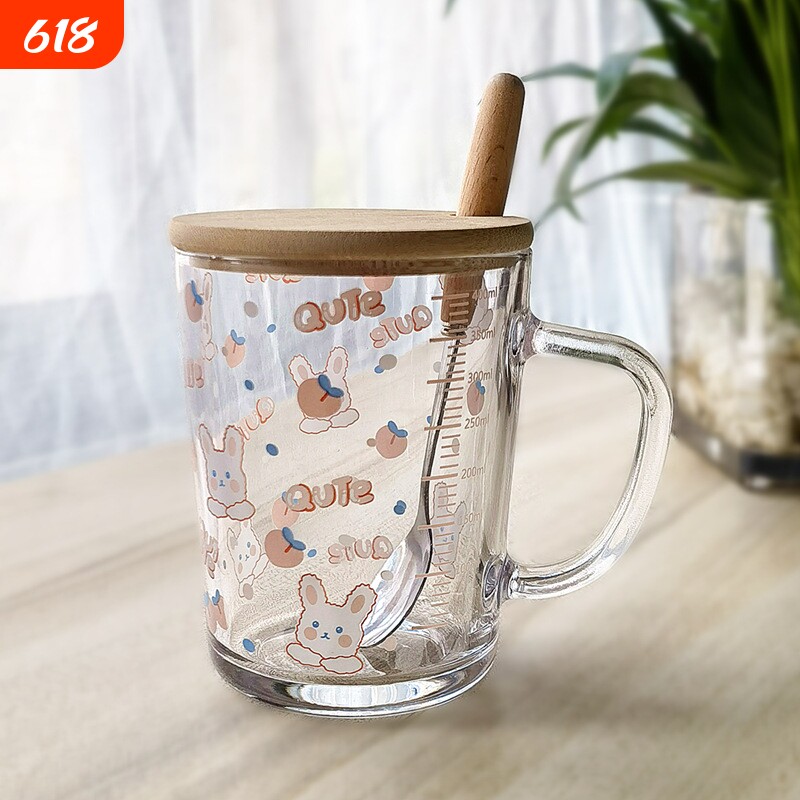 ins卡通玻璃杯杯子吸管杯勺刻度牛奶杯早餐杯情侣用微波炉便携