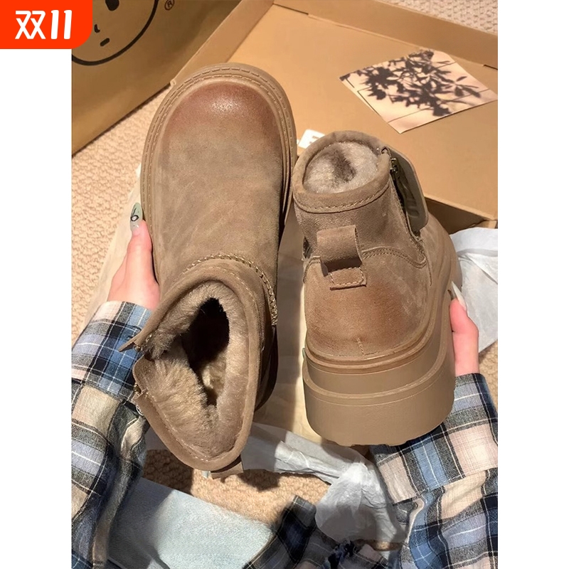 真皮厚底雪地靴女2025冬季新款皮毛一体短靴加绒保暖防水东北棉鞋