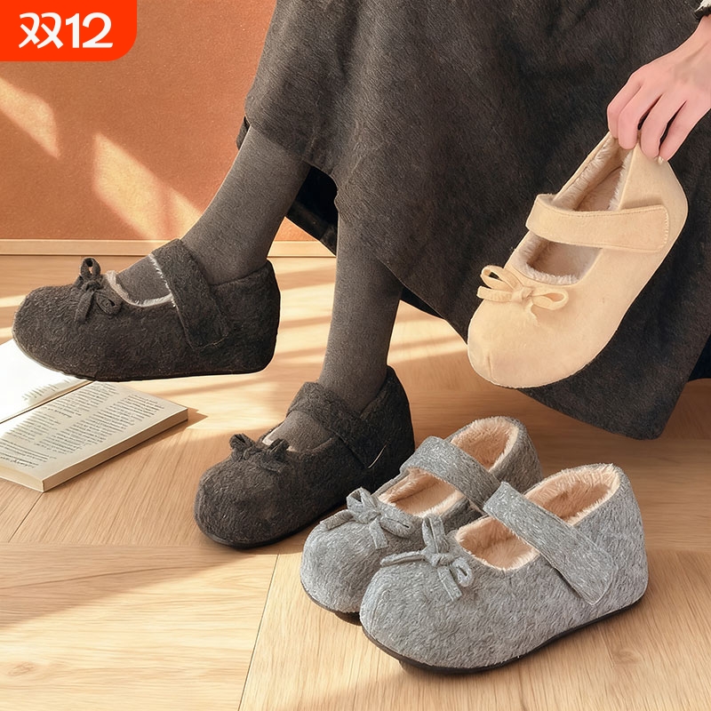 5CM内增高毛毛鞋女外穿秋冬季新款魔术贴玛丽珍棉鞋加绒勃肯鞋子