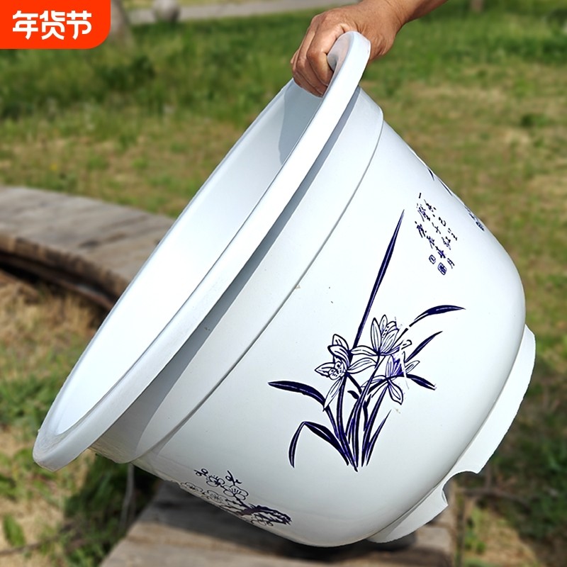 超大花盆圆形加厚耐用仿陶瓷无孔果树睡莲塑料盆带托盘养花底部