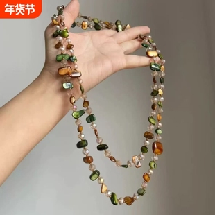 中古项链波西米亚彩色仿贝壳串珠双层项链女复古轻奢度假风锁骨链