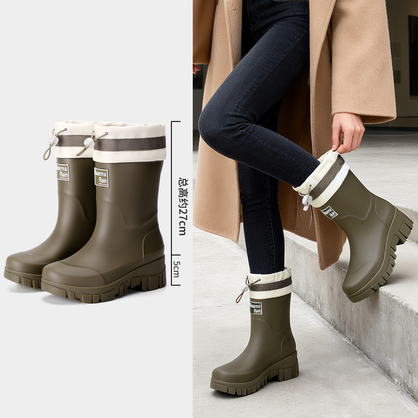 中高筒可收缩束口雨靴女士长筒户外雨林徒步防水耐磨跨境中筒轻便