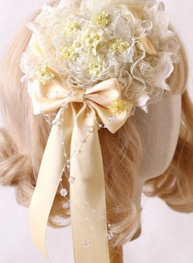 原创奶黄色桂花洛丽塔Lolita蝴蝶结优雅doll发带礼帽丝缎芭蕾发夹