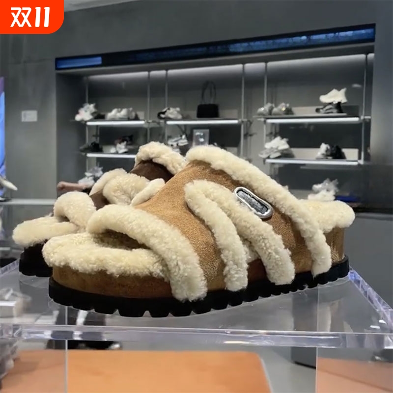 同款厚底毛毛拖鞋女2025秋冬新款勃肯半拖鞋外穿毛毛鞋毛绒棕色